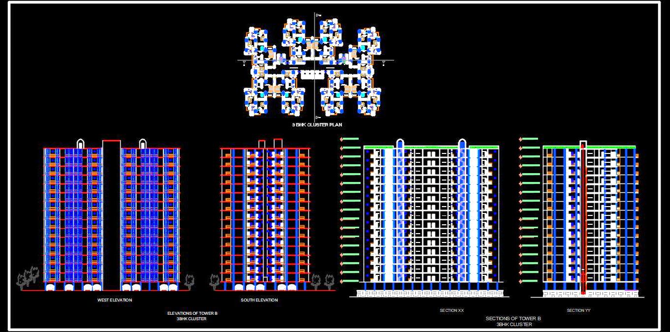 3 BHK Group Housing Tower Design with Elevations- DWG File